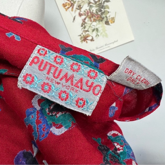 90s Putumayo Vintage Dropwaist Folk Print Red Dress Large - Picture 9 of 9
